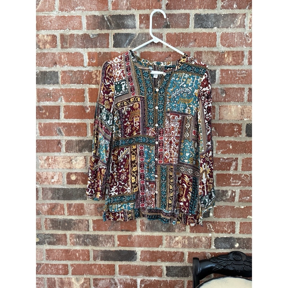 J. Jill Women XS Long Sleeve Patchwork Eclectic Tunic Shirt Blouse Top Boho
